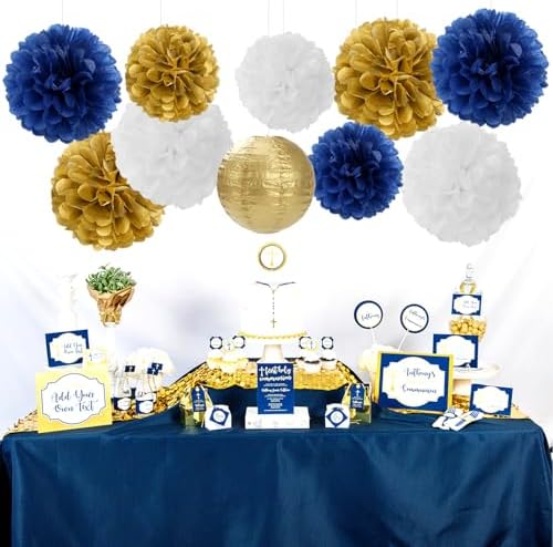 Navy-Blue Gold Party-Decorations Paper-Flowers Lanterns - 15PCS Royal White Baby Bridal Shower Tissue Pom Poms Streamers, Bachelorette Birthday Wedding Graduation Hanging Supplies Decor Hugfond