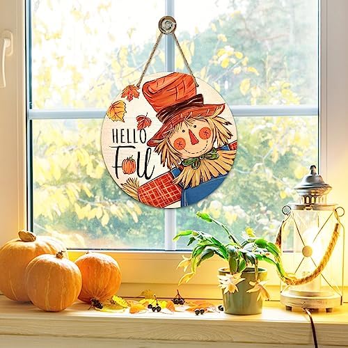 Deroro Hello Fall Scarecrow Sign for Front Door Decor, Autumn Harvest Maple