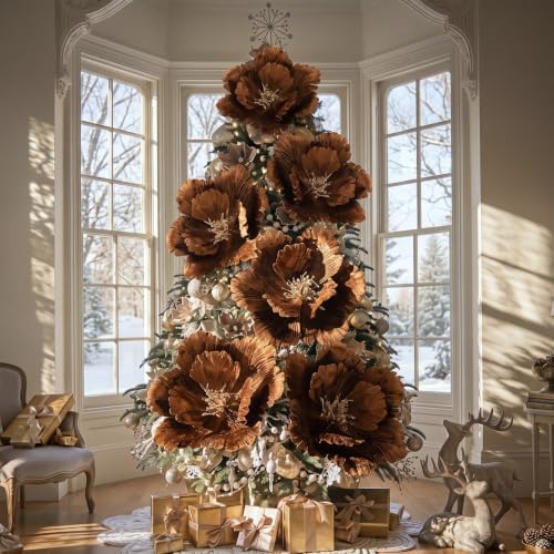 Janinka 6 Pcs Extra Large Christmas Poinsettia Magnolia Brown Flowers Decor
