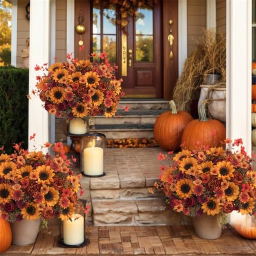 Mixed 10 Pcs Fall Artificial Sunflower Peony Bouquet, Yellow Burgundy Silk Faux Flower, Autumn Faux Floral Arrangements for Wedding Table Thanksgiving Porch Planters Garden Patio Outdoors Decor