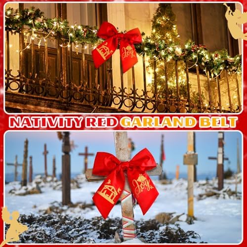 Christmas Wreath Sash Front Door Red Gold Nativity Satin Bow