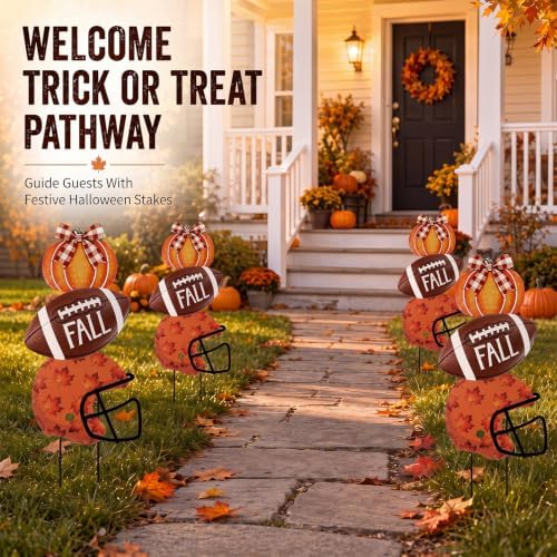 3 Pcs Fall Football Pumpkin Metal Yard Stake Pumpkin Decoration