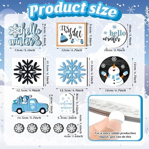 FairySandy 15 Pcs Winter Tiered Tray Decor Snowman Snowflakes Wooden Signs