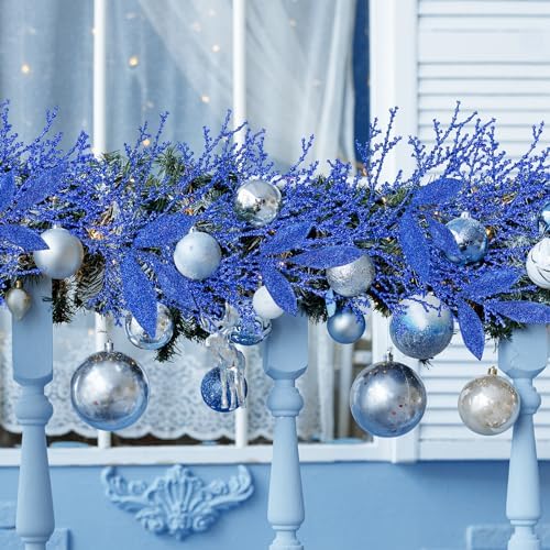 Winlyn 30 Pcs Christmas Artificial Leaf Sprays Cedar Picks Blue Glittered Christmas Tree Ornaments Winter Floral Stems for Blue Christmas Tree Wreaths Centerpieces Holiday Seasonal Wedding Decoration