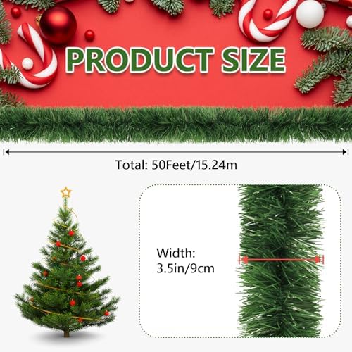 50Ft Green Christmas Garland for Decorations, Artificial Christmas Tinsel Greenery Outdoor Indoor Garlands, Straight Faux PVC Soft Garland for Stairs Railing Fireplace Window Mantle Home Party Decor