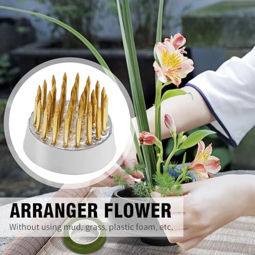 16pcs Flower Floral Frog Round Holder Includes 12pcs D23 Copper Pin Arranger+2pcs Kensan Copper Pin Arranger+1*Roll of 42.65ft Tape+1*Silver Corrector with Bell