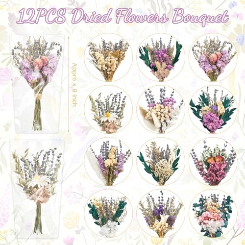 12/24PCS Handmade Dried Flower Bouquet with Stems Natural Dried Wildflowers 7.5 Inch Mini Dry Flowers for Vase Farmhouse Decor, Wedding Styling, Photography Props, Gift DIY(12pcs, Lavender)