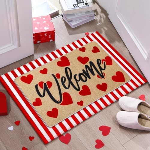 Tinideya 2 Pcs Valentine's Day Doormats Welcome Outdoor Red Heart Door Mats Layered Front Door Rugs Non Slip Floor Mats for Porch Entryway Outdoor