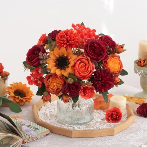 4 Pcs Mixed Autumn Artificial Peony Flower Set-2 Bouquets & 2 Stems, Burnt Orange Wine Red Fake Peony Sunflower Silk Flower for Fall Table Centerpiece Farm Wedding Thanksgiving Halloween Home Decor