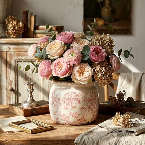 5.9'' Vintage Ceramic Planter, Ice Crack Glaze Pink Floral Pot