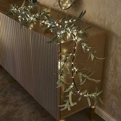 Hairui Lighted Artificial Olive Garland 6FT 96 LED Fairy Lights Battery Operated, Faux Vine Lights with Timer for Spring Christmas Holiday Fireplace Decor