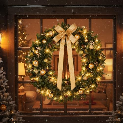 VINGLI 48 Inch Prelit Christmas Wreath Front Door Decor Plug in LED