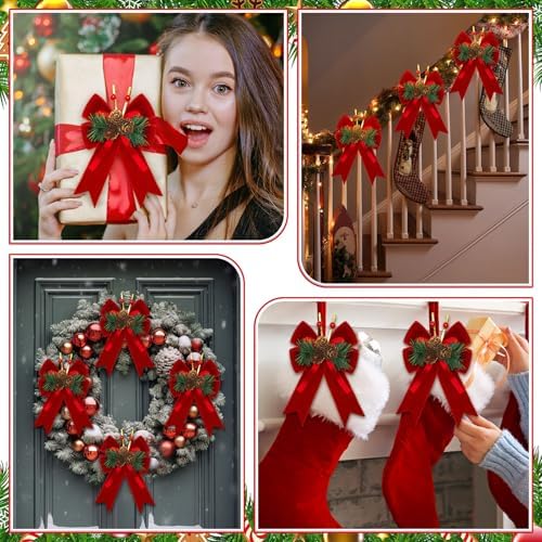 Syhood 6 Pcs Christmas Bows Xmas Velvet Bows Tree Decor, Burgundy Red