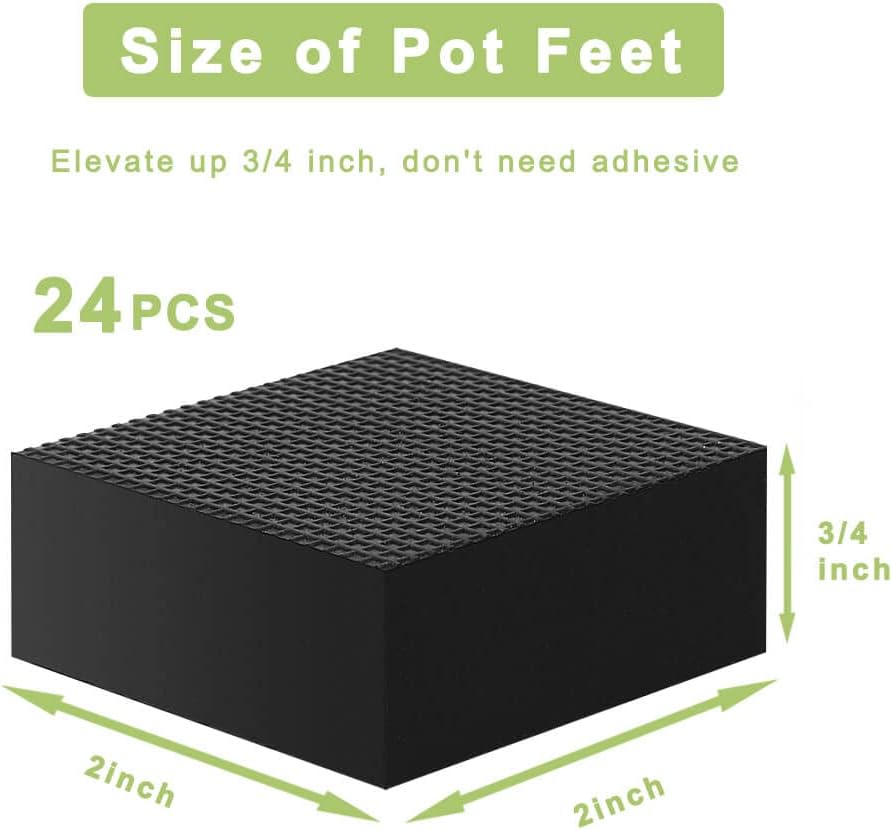 Invisible Rubber Pot Feet – Square Non-Slip Risers Elevate 3/4 Inch for Drainage & Airflow, 24 Pack Solid Pot Risers
