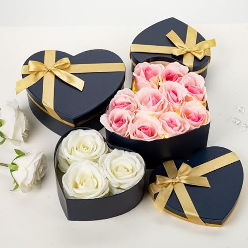 Oairse Navy Blue Gift Boxes with Lids for Present Heart Shaped Flower Box for Arrangements Set of 4 Floral Gift Boxes with Ribbons for Bridesmaid, Proposal, Wedding, Birthday, Baby Showers