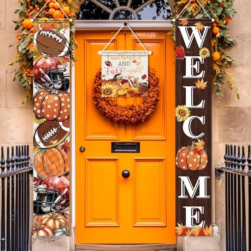 VitalCozy 3pcs Fall Decorations Football and Fall Y'all Yard Sign Thanksgiving Football Welcome Door Cover Banner Autumn Pumpkins Rustic Seasonal Farmhouse Thanksgiving Decoration Home Outdoor Decor