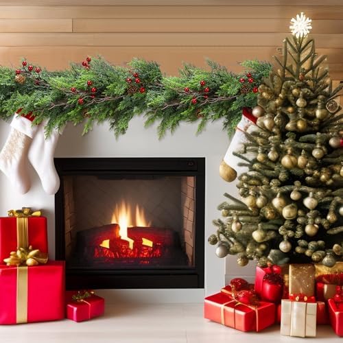 ENVEN Faux Cedar Christmas Garland with Red Berries & Pine Cones – Full Faux Winter Greenery for Holiday Mantel, Staircase, Doorway, Indoor Outdoor Christmas Décor (6FT-Lush Cedar)