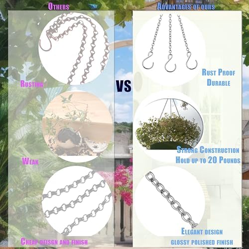 HS's Creation Stainless Steel 304 Planter Hanging Chain 20 Inch Long with S Hooks Decorative Replacement Chains Rust Proof for Billboards,Planters, Bird Feeders,Lanterns,Ornaments 3 Pack