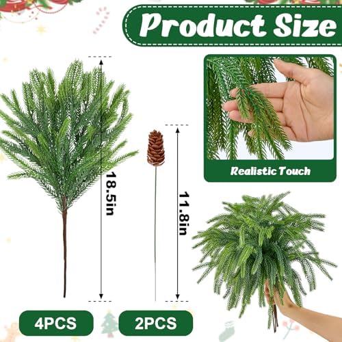 4PCS Christmas Norfolk Pine Branches with 2 Pine Cone Stems