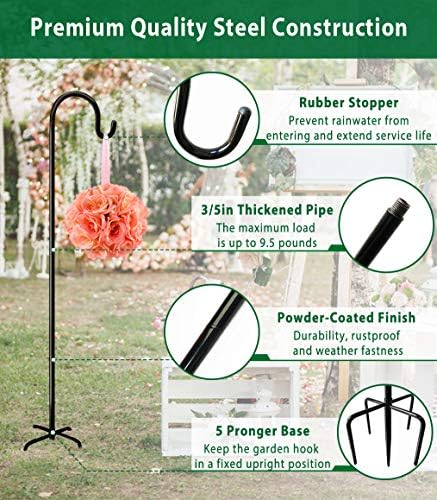Adjustable Outdoor Shepherd Hook Stand with 5 Prong Base, 108 Inches Tall 3/5 in Thick, Shiny Black (1 Packs)