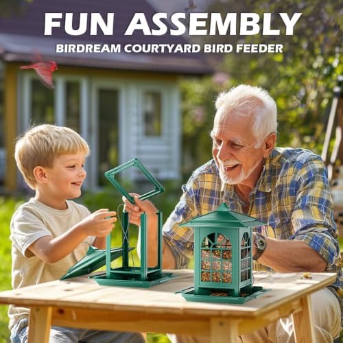 Birdream Bird Feeders for Outdoor Hanging, Assembly Required, 1-Min Easy Setup, Classic Courtyard Design, Attracting Cardinals Chickadees Goldfinches & Sparrows - Green