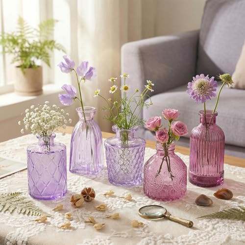 Set of 30 Purple Glass Bud Vases Small Textured Flower Vases