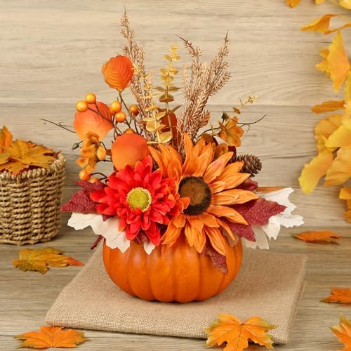 Artificial Pumpkin Fall Décor - Autumn Table Centerpieces with Red Faux Flowers, Maple Leaves, Sunflowers, Pumpkin – Halloween, Thanksgiving & Harvest Home Decoration