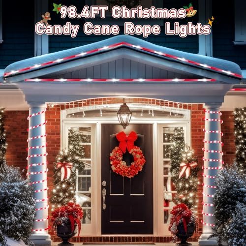 Hiboom 98.4 ft Christmas Candy Cane Rope Lights, 8 Lighting Modes Outdoor Waterproof Christmas Rope Lights with Timer for Terrace Tree Fence Patio Garden Yard Decor(1 Pack)