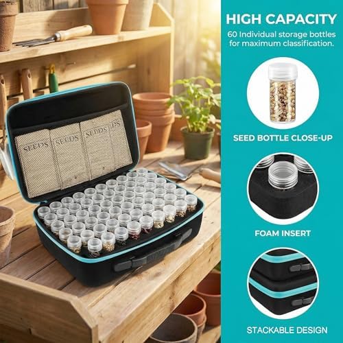 60 Slots Seed Storage Organizer with 10 Seed Envelopes,Sturdy Seeds Saving Storage Box with Zipper Bag Label Stickers(Seeds not Included), Seed Storage Container for Flower Plants Garden (60 Slots)