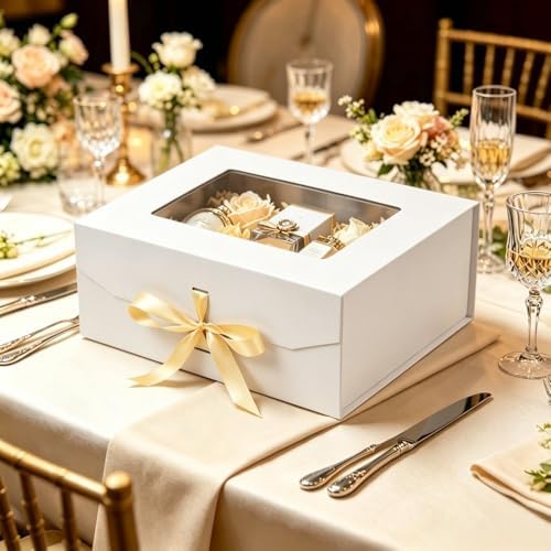 White Gift Box for Presents with Ribbon 13.2x11x5.3 Inches Clear Gift Box with Window Magnetic Closure Gift Boxes with Lids
