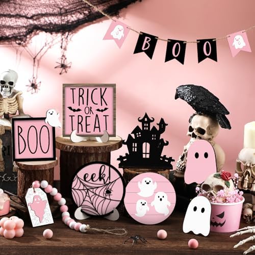 Umigy 15 Pcs Pink Halloween Decor Ghost Tiered Tray Decor Set