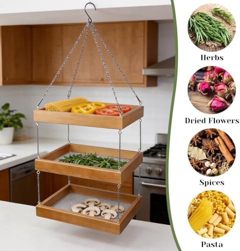 15.7"x11.8" 3-Tier Hanging Herb Drying Rack, Wooden Floral Drying Screen