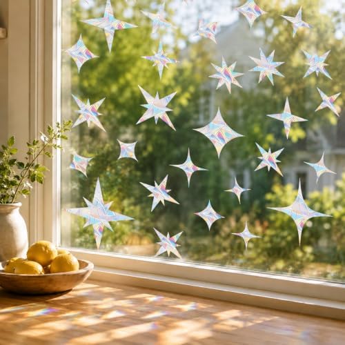 60 Pcs Star Window Decals to Prevent Bird Strikes - Anti-Collision Window Stickers for Birds, Rainbow Vinyl Suncatcher Stickers, Reusable Static Clings for Bird Window Deterrent, No Glue Needed