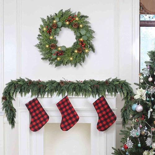 Christmas Wreath with Lights 24 Inch Real Touch Pine Wreath with Red Berries/Pine Cone Prelit Christmas Wreaths for Front Door Outdoor Christmas Decorations Winter Wreath for Windows Indoor Holiday