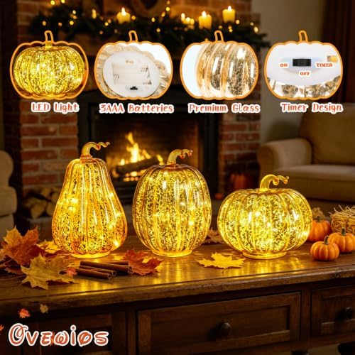 3PCS Mercury Glass Pumpkin Lights,Fall Halloween Porch Pumpkin Lantern