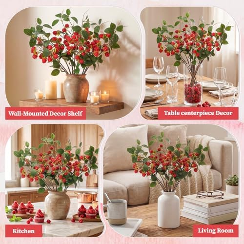 XunYee 10 Pack Light Red Artificial Raspberry Plant Stems 15'' Faux Raspberries Branches Fake Simulated Berry Bouquet Picks for Vase Filler Indoor Home Farmhouse Table Centerpieces Decor
