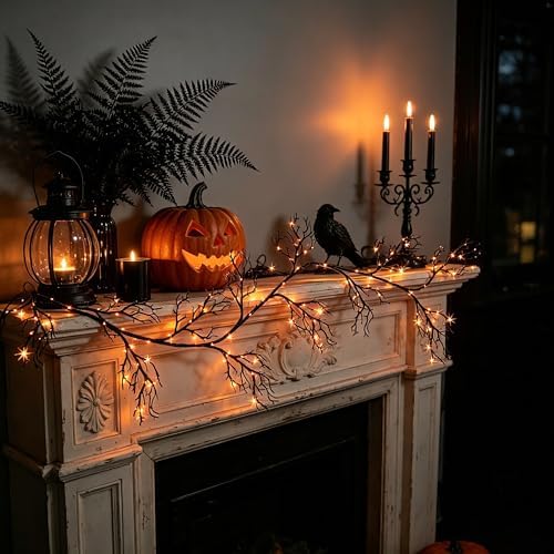 HipTree 6FT Halloween Lighted Black Vine Garland Orange Purple Lights