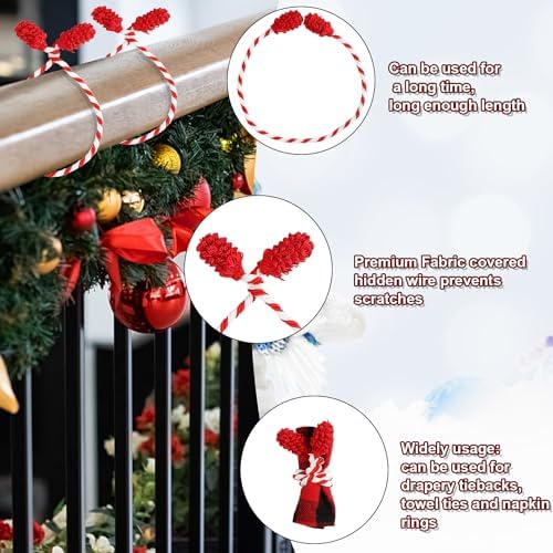 DIYASY Garland Ties for Staircase, 12 Pcs Red and White Decorative Banister Ties for Stairs Twist Ties Railing Wraps Reusable & Flexible Christmas Home Decorations