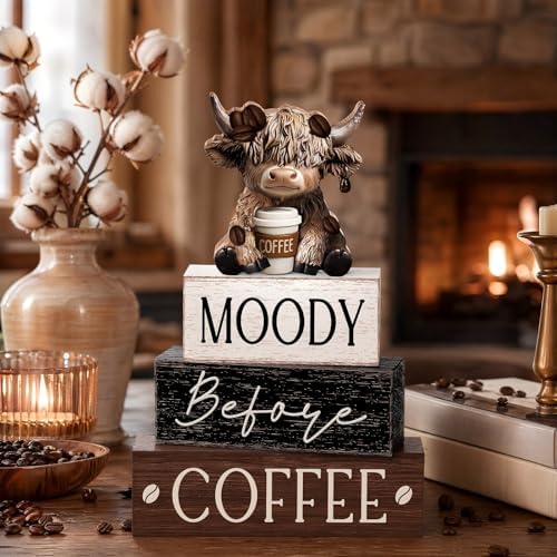 Yousoontic 4 Pcs Coffee Highland Cow Figurine, Rustic Farmhouse Decor