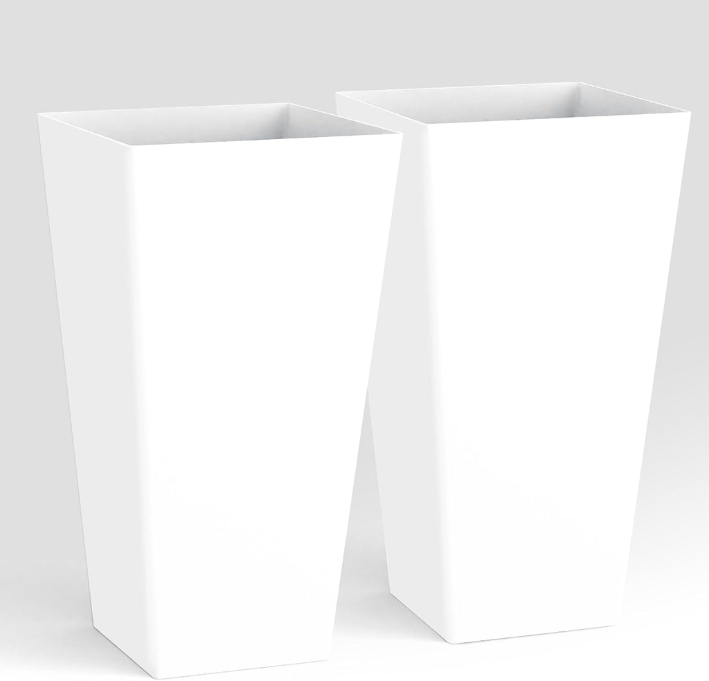 Worth Garden 20" Tall Planters Set of 2 – Large White Tapered Plastic Flower Pots for Indoor & Outdoor Use – Modern
