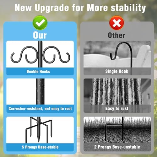 Double Shepherds Hooks for Outdoor, 108 Inch Heavy Duty Bird Feeder Pole with 5 Prongs Base, Adjustable Shepherds Hook for Bird Feeder, Garden, Weddings, Hanging Plant, 2 Pack