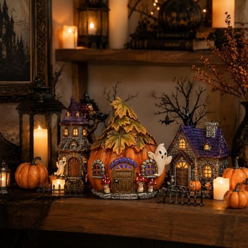 Led Light Up Pumpkin Houses, Halloween Fairy Garden Decor