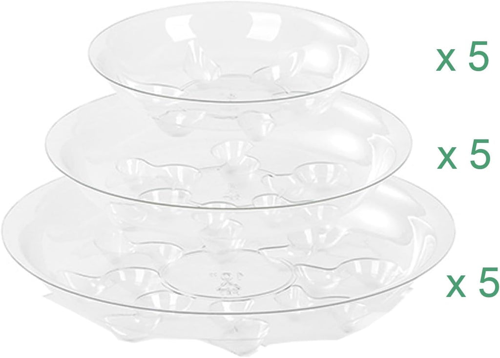 15 Pack Assorted Sizes 6 8 10 Inch Clear Thick Plastic Heavy Duty Sturdy Plant Saucer Drip Trays for pots, 5 Pieces of