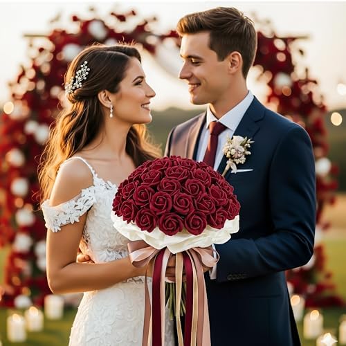 Auihiay 104PCS Burgundy Roses, Faux Roses, Artificial Flowers Roses