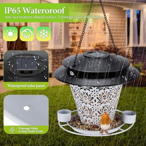 Solar Bird Feeders for Outside Hanging Metal Wild Bird Feeder Solar Lanterns Outdoor Waterproof Garden Decor for Yard White
