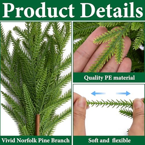 15 Pcs Christmas Norfolk Pine Branches Pine Cones, Faux Christmas Sprigs