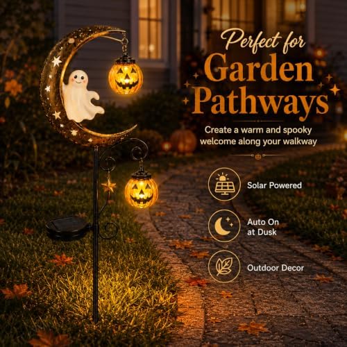 CRILEAL Solar Halloween Ghost & Pumpkin Moon Garden Stake Light
