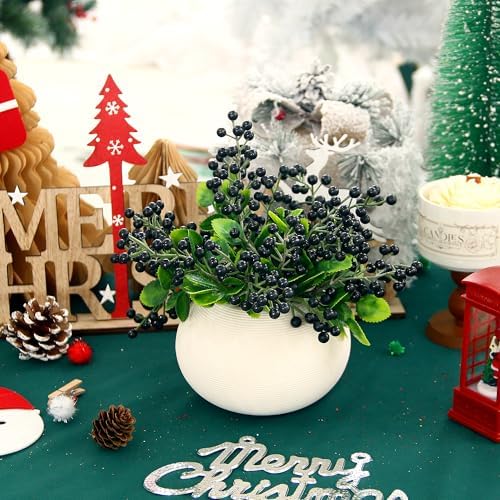 Felice Arts 6 Pack Artificial Black Berry Stems Fake Holly Berries