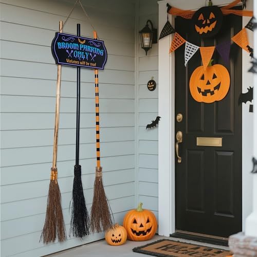 JOYIN Halloween Broom Parking Sign with 3pcs Wooden Witches Brooms, Halloween Decorations Outdoor, Wooden Warning Sign for Front Porch Wall Decor Home Office Indoor