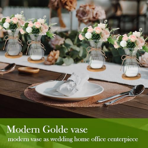 Bulb Glass Vases for Flowers Forcing Hyacinth Clear Decorative Bulb Vase with Round Bamboo Coaster for Home Office Table Decoration(12 Pcs)